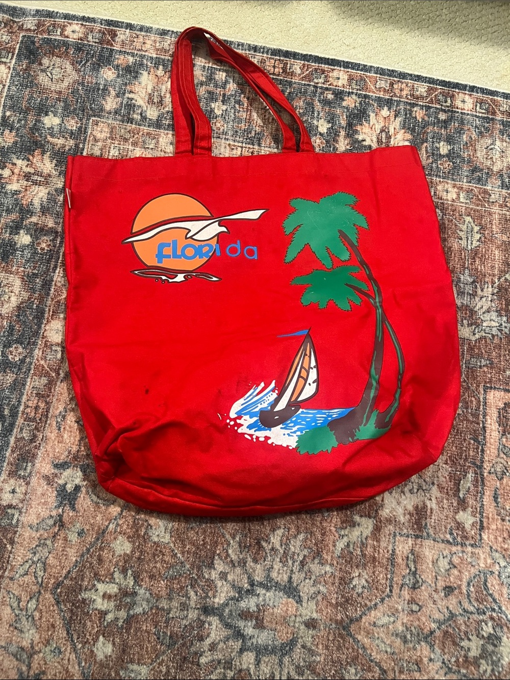 Source Unknown Red Canvas Florida Tote with Palm & Sailboat Graphic